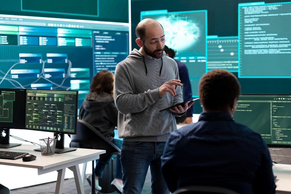 מבדק חדירות בפעולה - מומחה סייבר מנחה צוות בודקים במרכז אבטחת מידע עם מסכי ניטור וקוד ברקע